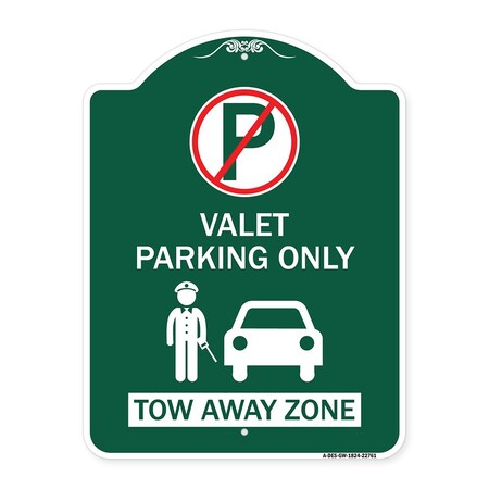 Signmission Valet Parking Tow Away Zone W/ Car Graphic, Green & White Aluminum Sign, 18" x 24", GW-1824-22761 A-DES-GW-1824-22761